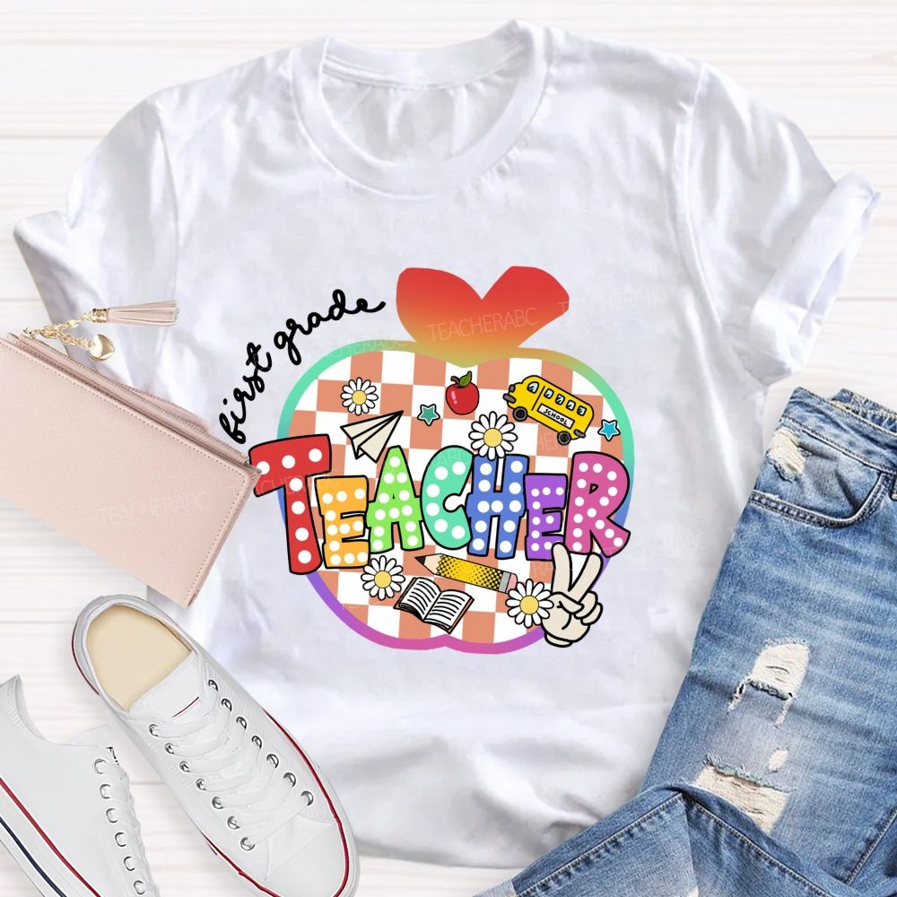 Personalized Grade Colorful Checkered Apple Teacher T-Shirt