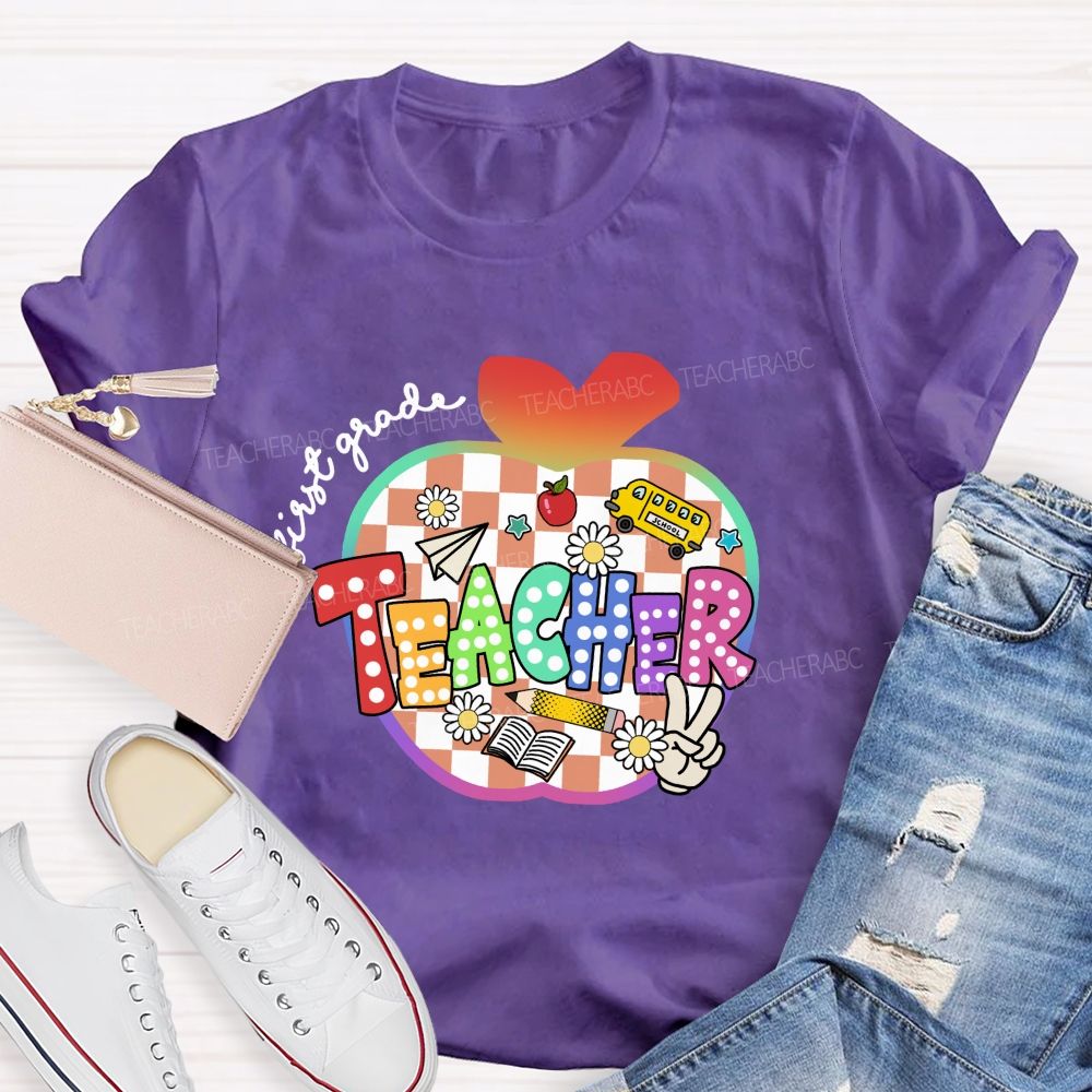 Personalized Grade Colorful Checkered Apple Teacher T-Shirt