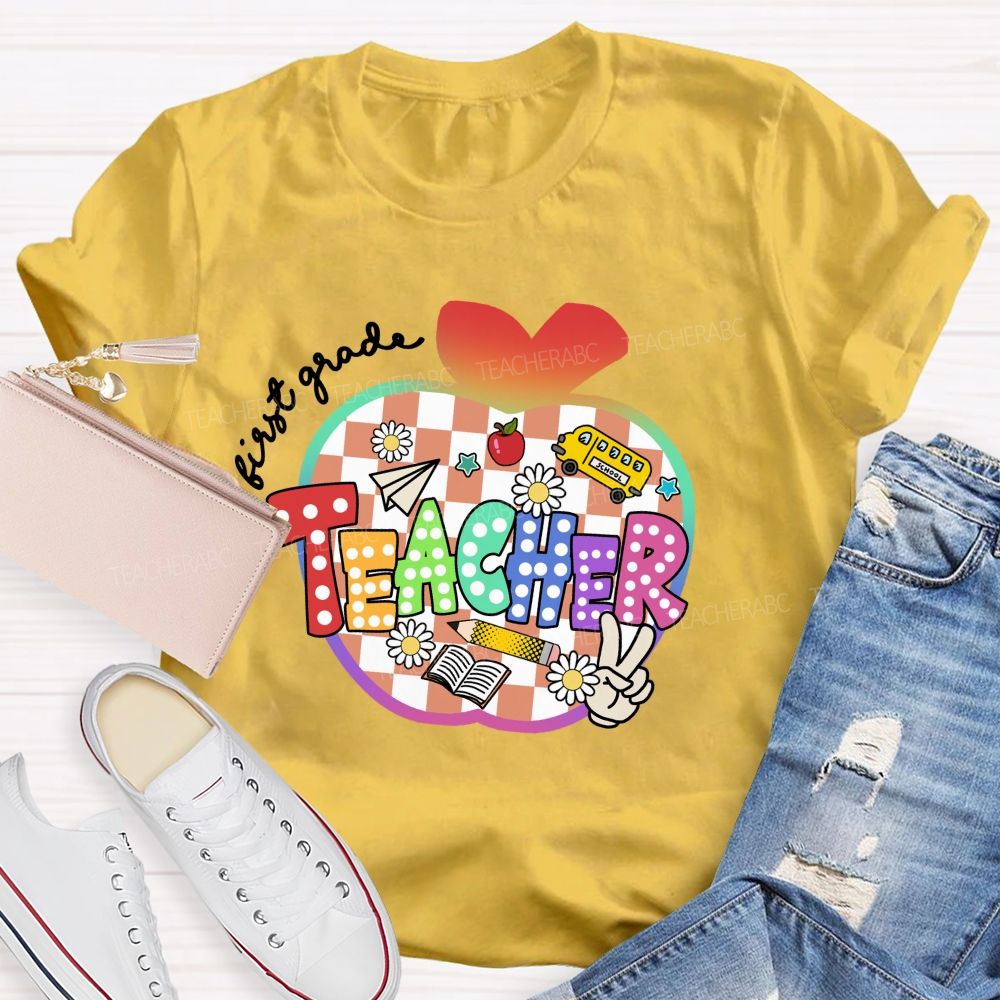 Personalized Grade Colorful Checkered Apple Teacher T-Shirt