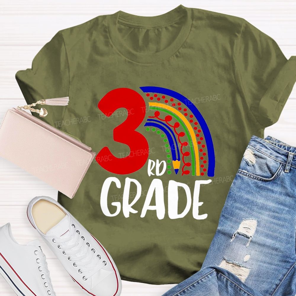 Personalized Grade Pencil Rainbow Teacher T-Shirt