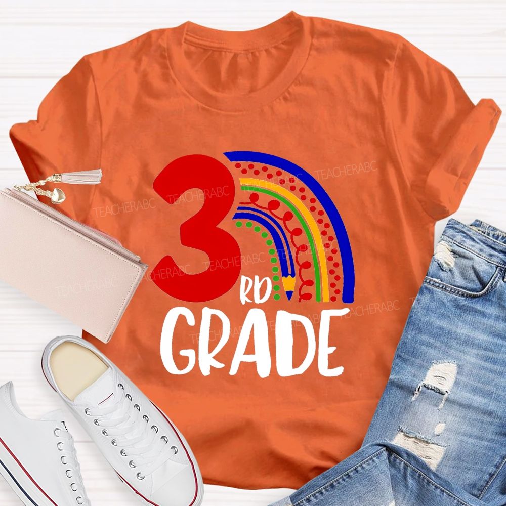 Personalized Grade Pencil Rainbow Teacher T-Shirt