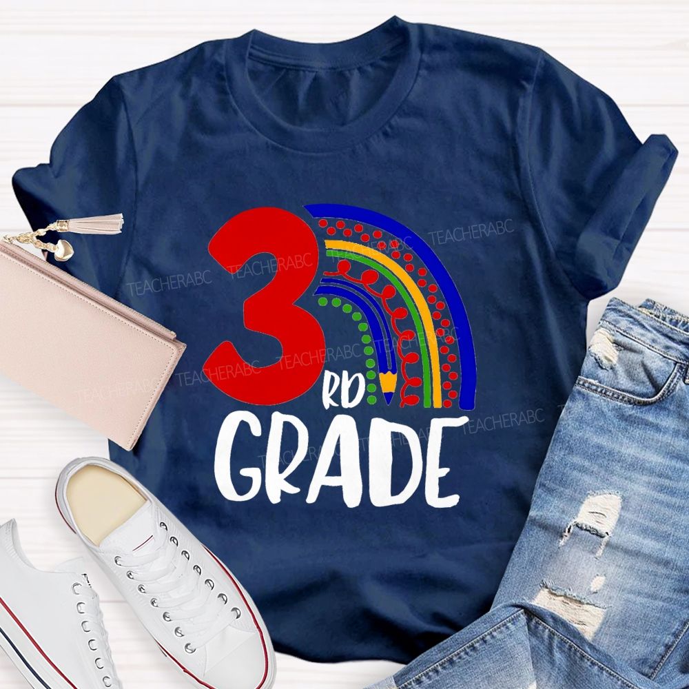 Personalized Grade Pencil Rainbow Teacher T-Shirt