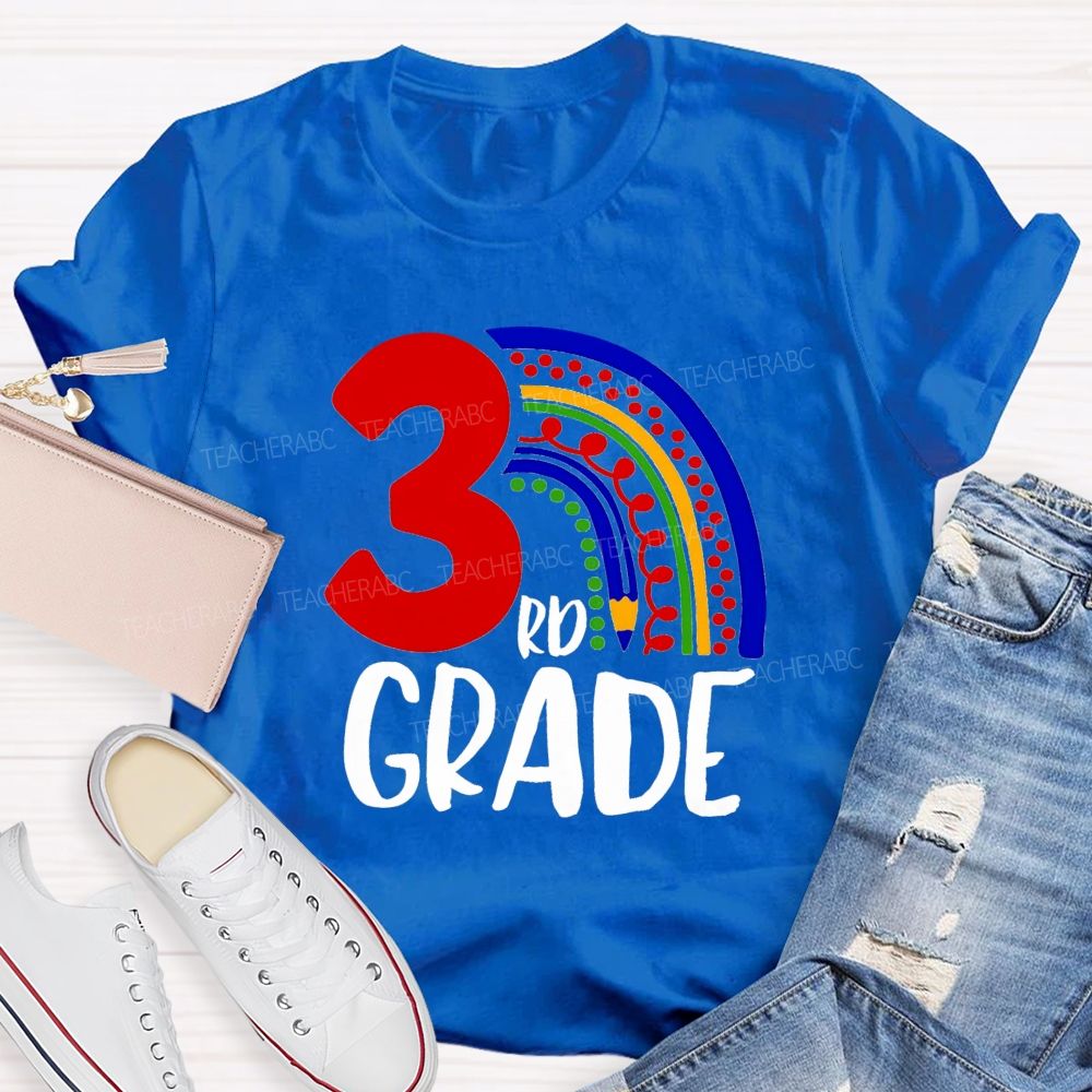 Personalized Grade Pencil Rainbow Teacher T-Shirt