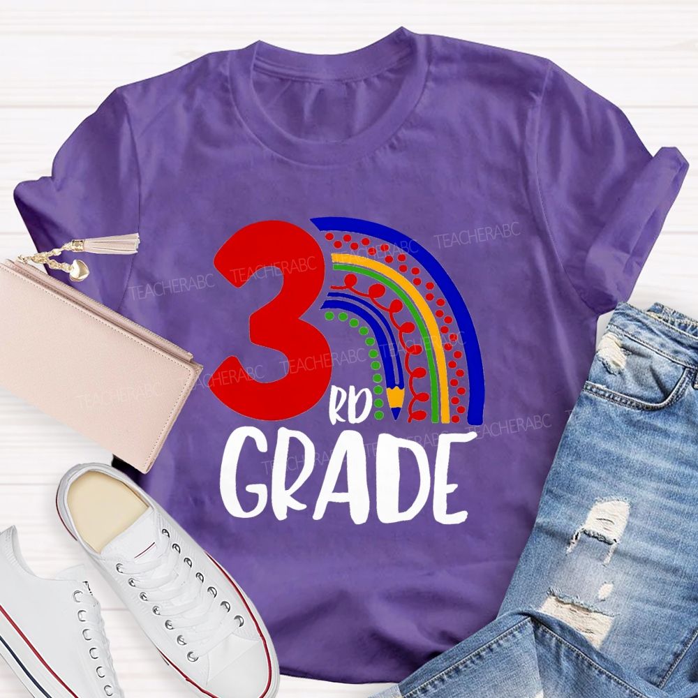 Personalized Grade Pencil Rainbow Teacher T-Shirt