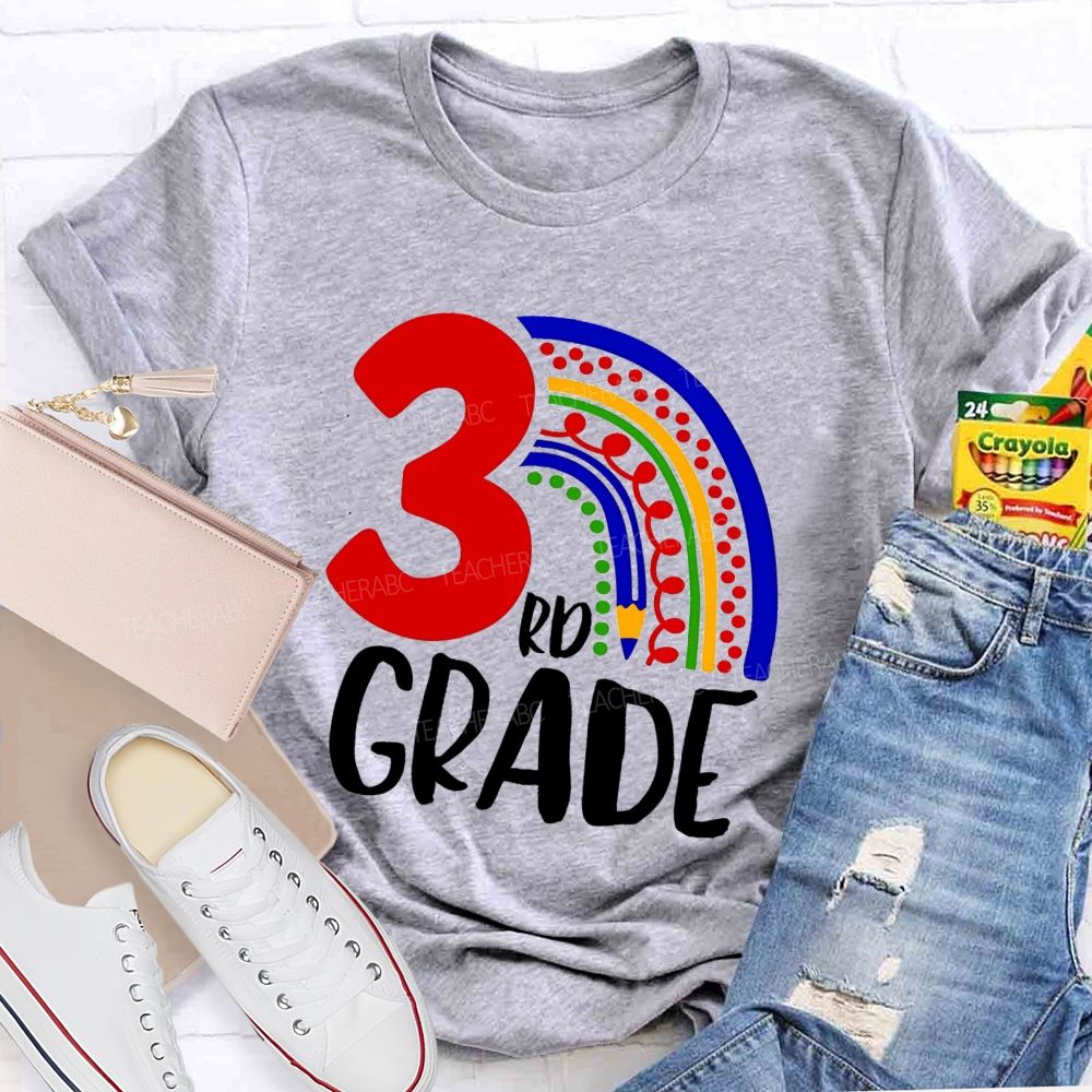 Personalized Grade Pencil Rainbow Teacher T-Shirt