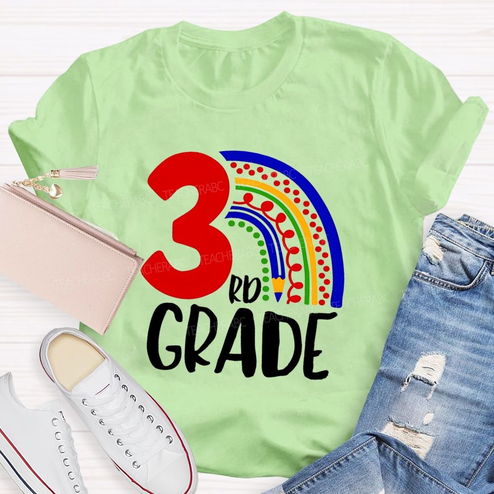 Personalized Grade Pencil Rainbow Teacher T-Shirt