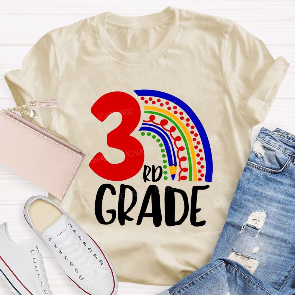Personalized Grade Pencil Rainbow Teacher T-Shirt