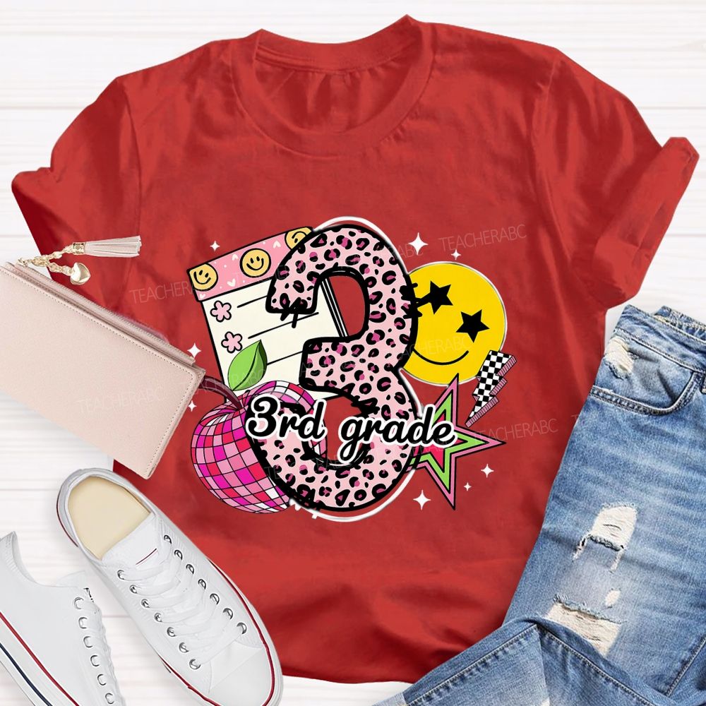 Personalized Grade Pink Leopard Number Apple Star Teacher T-Shirt
