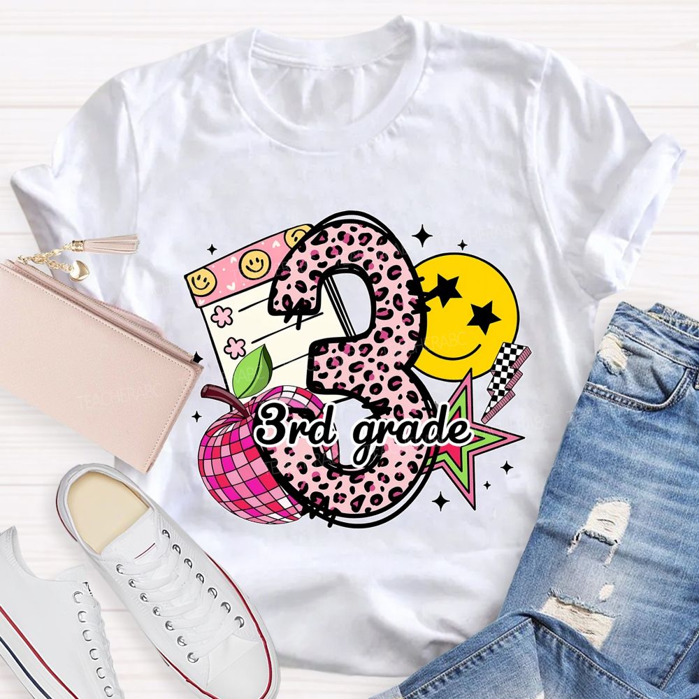 Personalized Grade Pink Leopard Number Apple Star Teacher T-Shirt