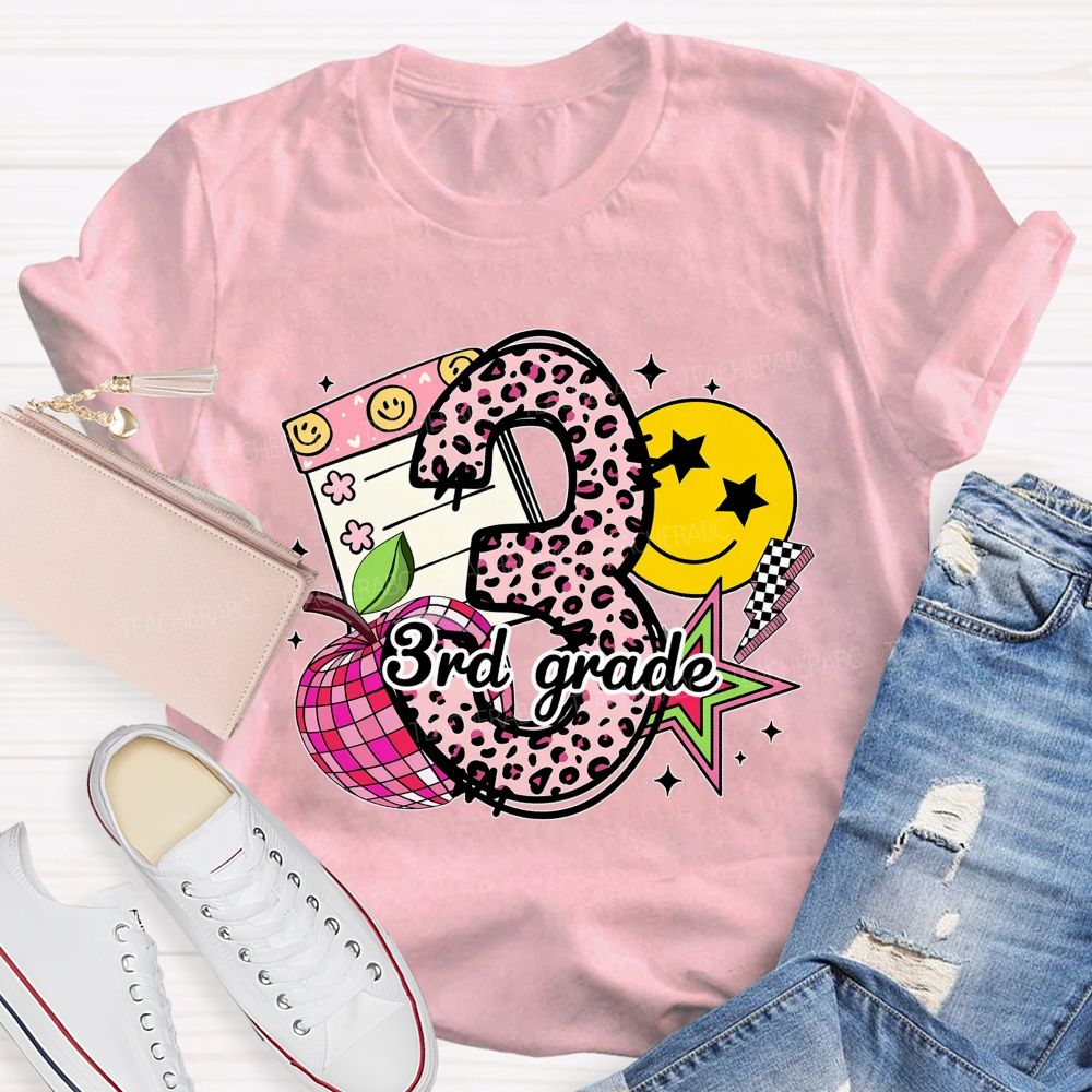 Personalized Grade Pink Leopard Number Apple Star Teacher T-Shirt