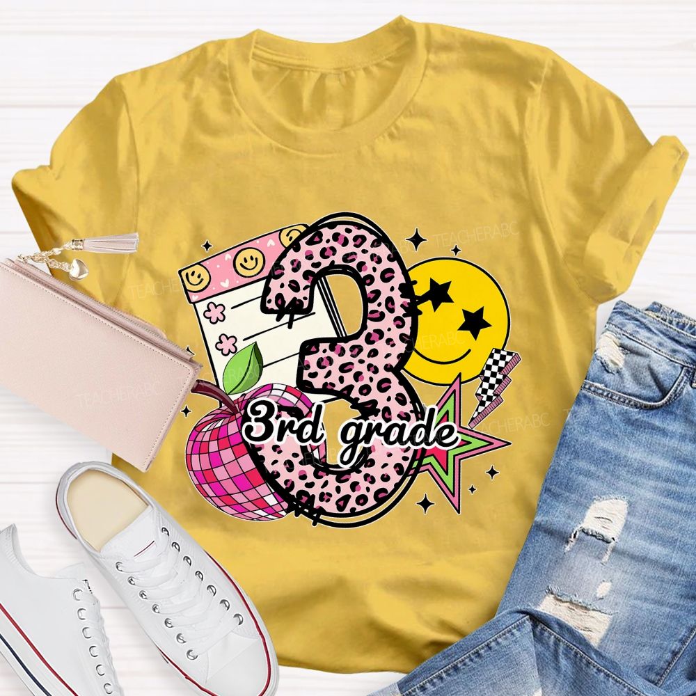 Personalized Grade Pink Leopard Number Apple Star Teacher T-Shirt