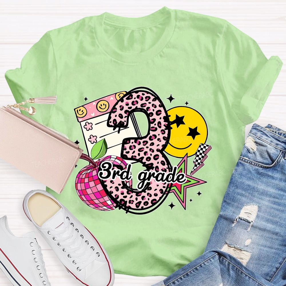 Personalized Grade Pink Leopard Number Apple Star Teacher T-Shirt