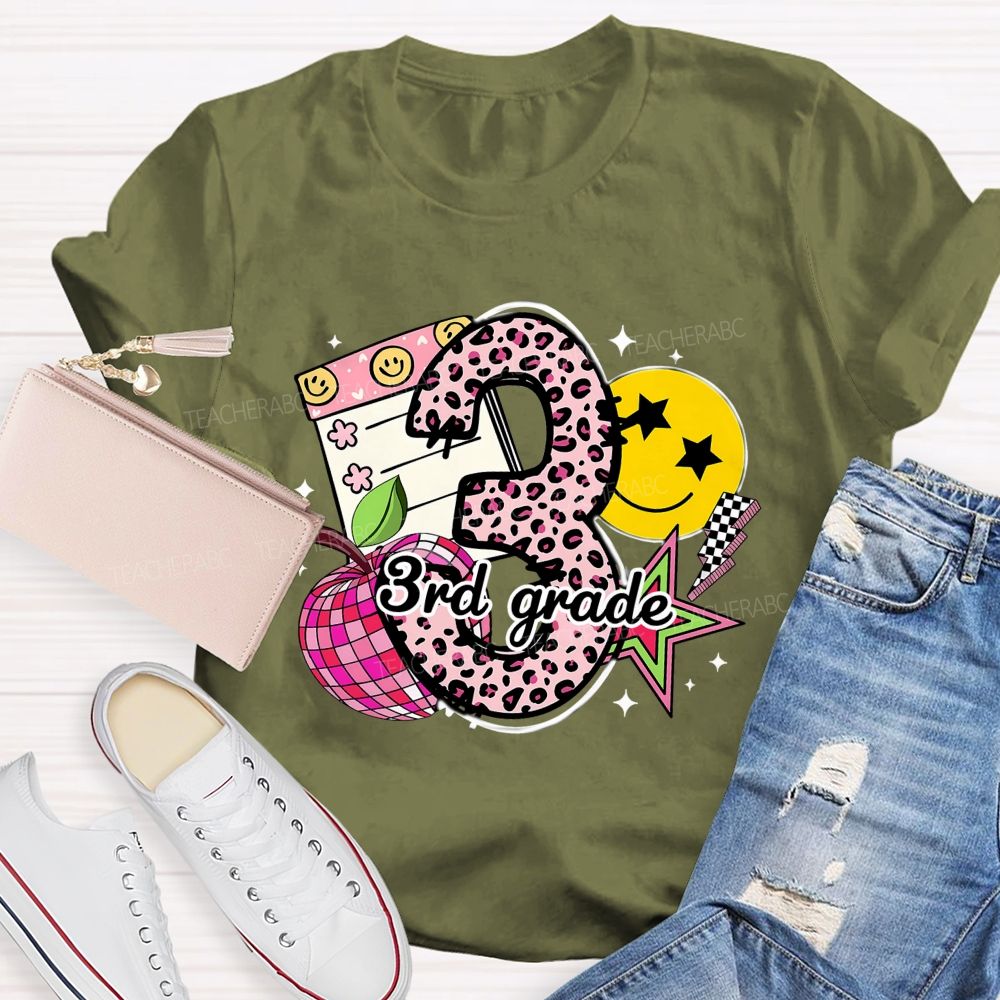 Personalized Grade Pink Leopard Number Apple Star Teacher T-Shirt