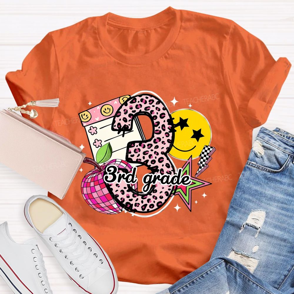 Personalized Grade Pink Leopard Number Apple Star Teacher T-Shirt