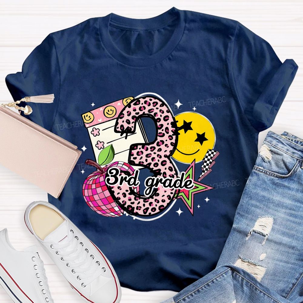 Personalized Grade Pink Leopard Number Apple Star Teacher T-Shirt