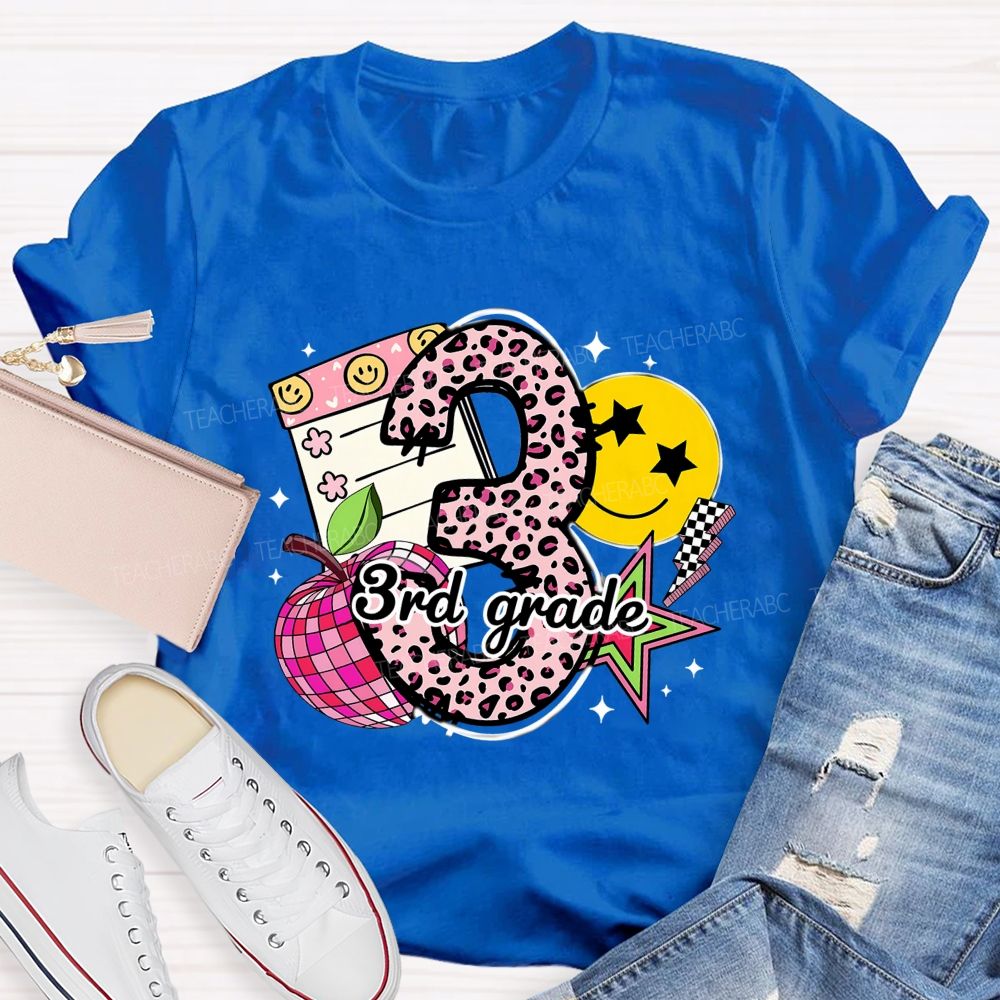 Personalized Grade Pink Leopard Number Apple Star Teacher T-Shirt