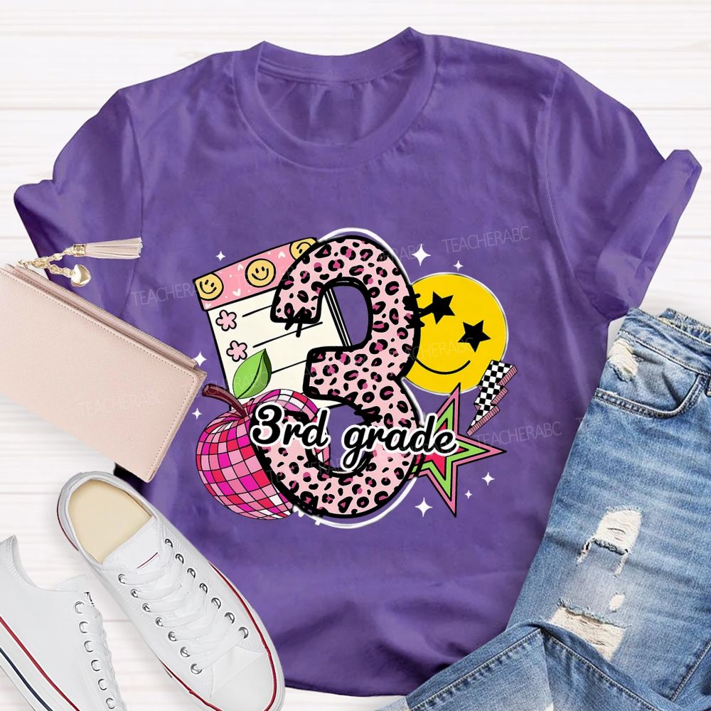 Personalized Grade Pink Leopard Number Apple Star Teacher T-Shirt