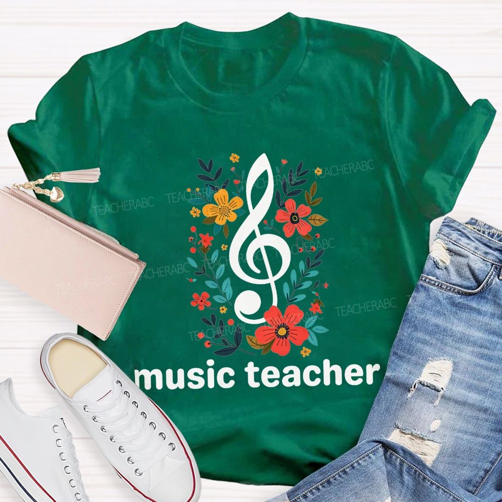 Floral Treble Clef Music Teacher T-shirt