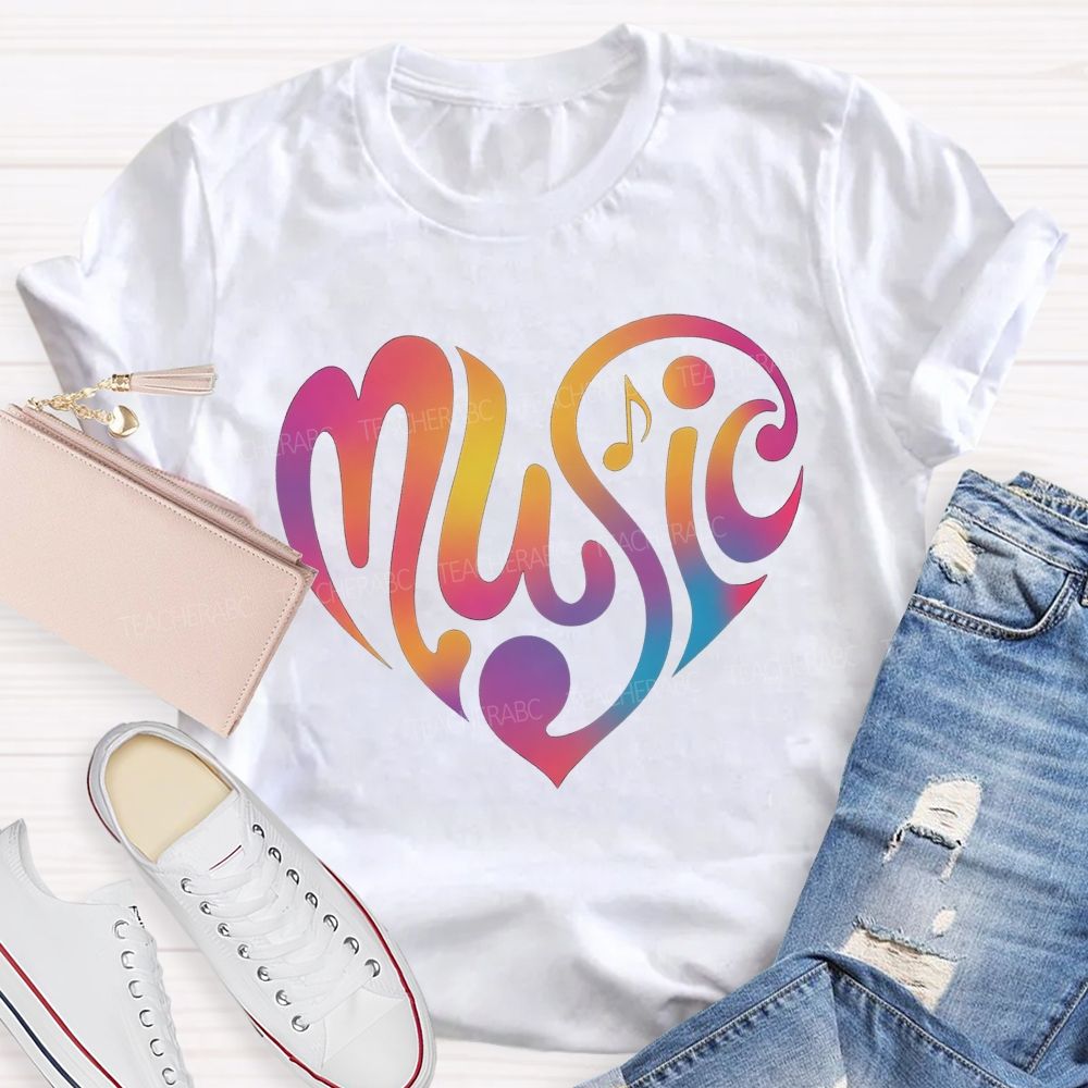 Rainbow Gradient Heart Music Teacher T-shirt