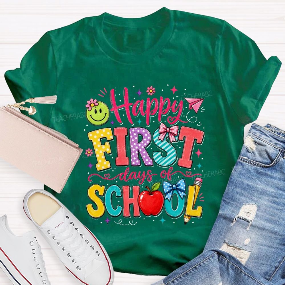 Happy First Day Of School Polka Dot Bow Apple Smiley Face Teacher T-shirt