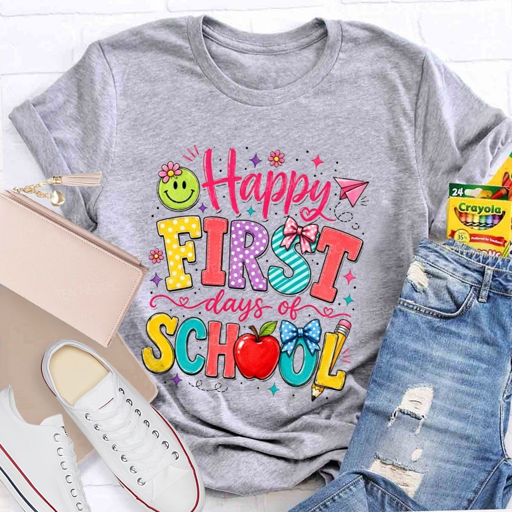 Happy First Day Of School Polka Dot Bow Apple Smiley Face Teacher T-shirt