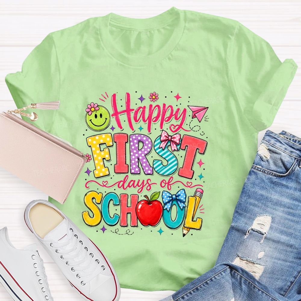Happy First Day Of School Polka Dot Bow Apple Smiley Face Teacher T-shirt
