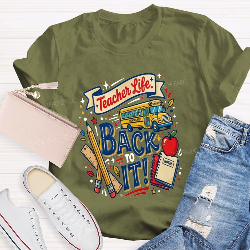 Teacher Life Back To It School Bus Apple Pencil Notebook Teacher T-shirt