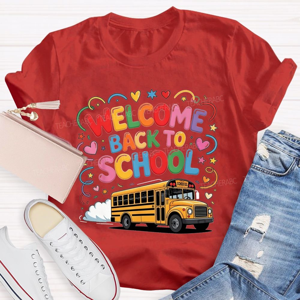 Welcome Back To School Rainbow Bubble Letter Yellow School Bus T-shirt