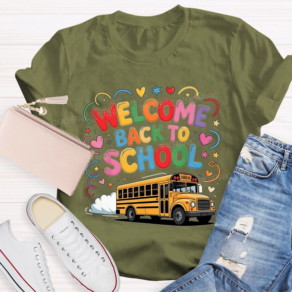 Welcome Back To School Rainbow Bubble Letter Yellow School Bus T-shirt