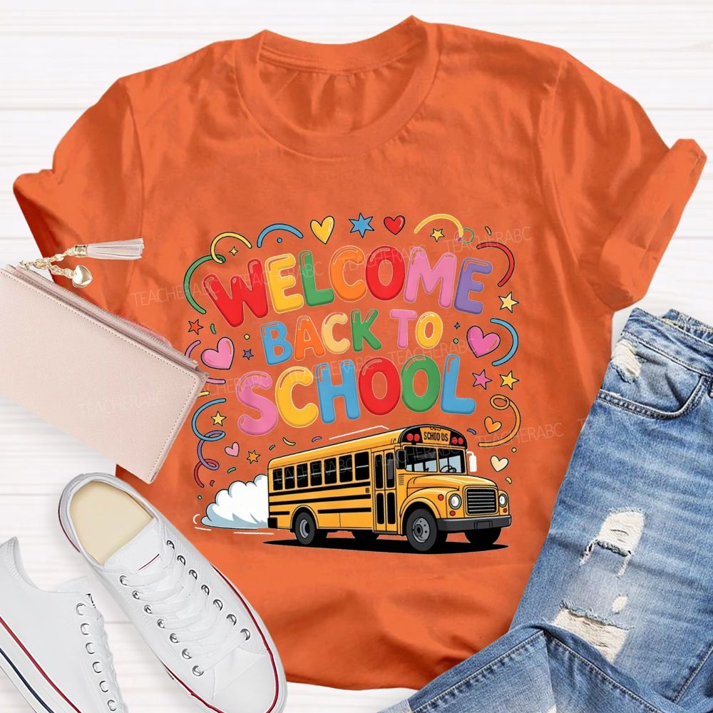 Welcome Back To School Rainbow Bubble Letter Yellow School Bus T-shirt