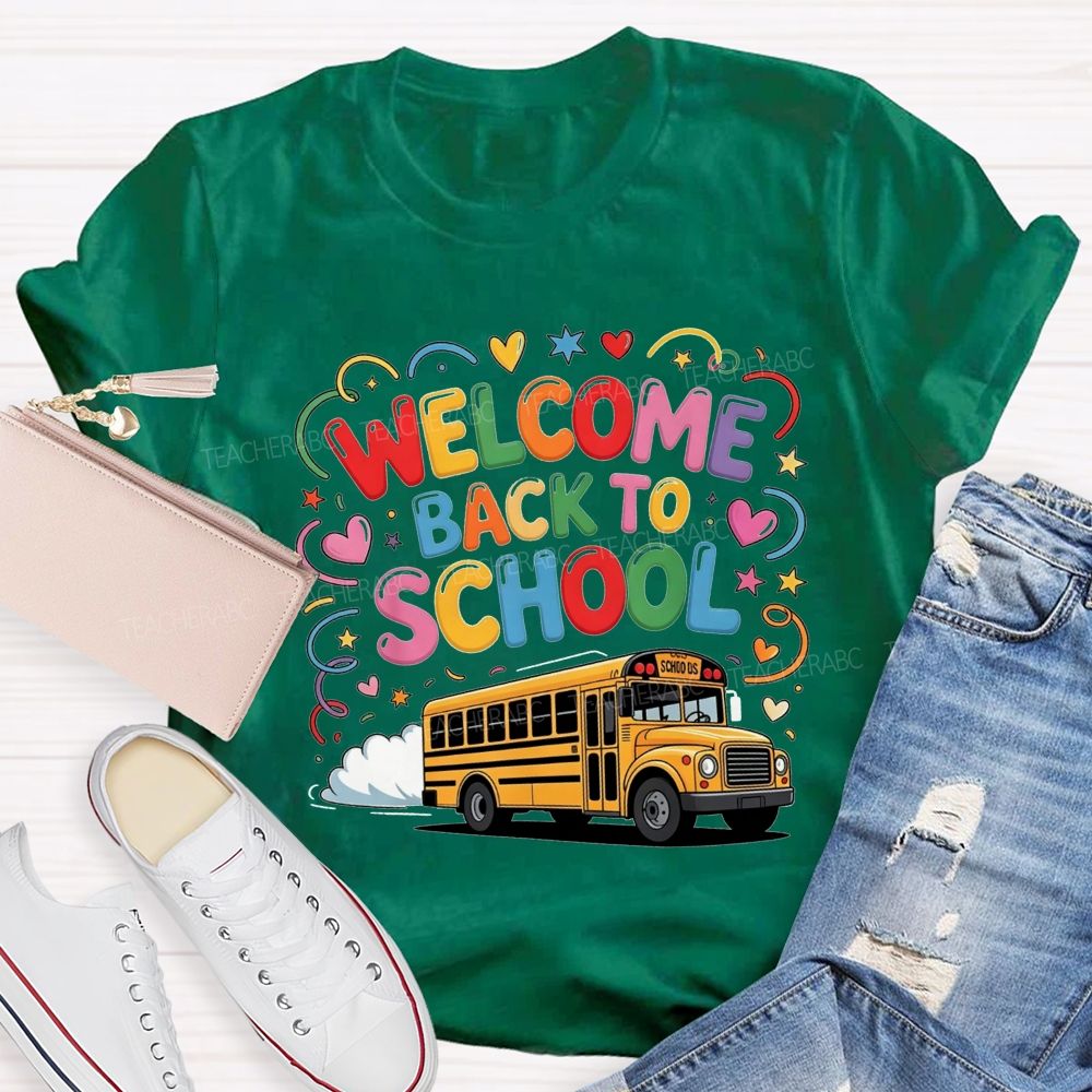 Welcome Back To School Rainbow Bubble Letter Yellow School Bus T-shirt