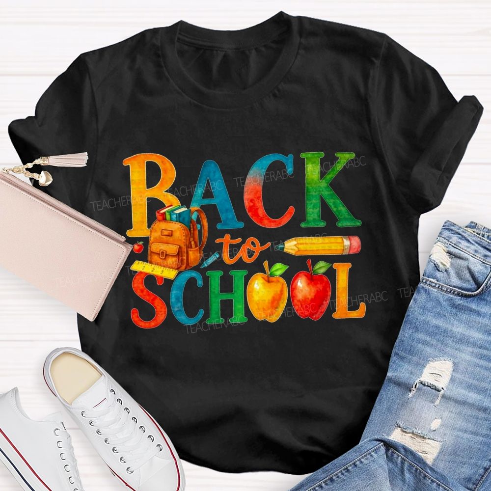 Watercolor Rainbow Back To School Backpack Apple Pencil Ruler Teacher T-shirt