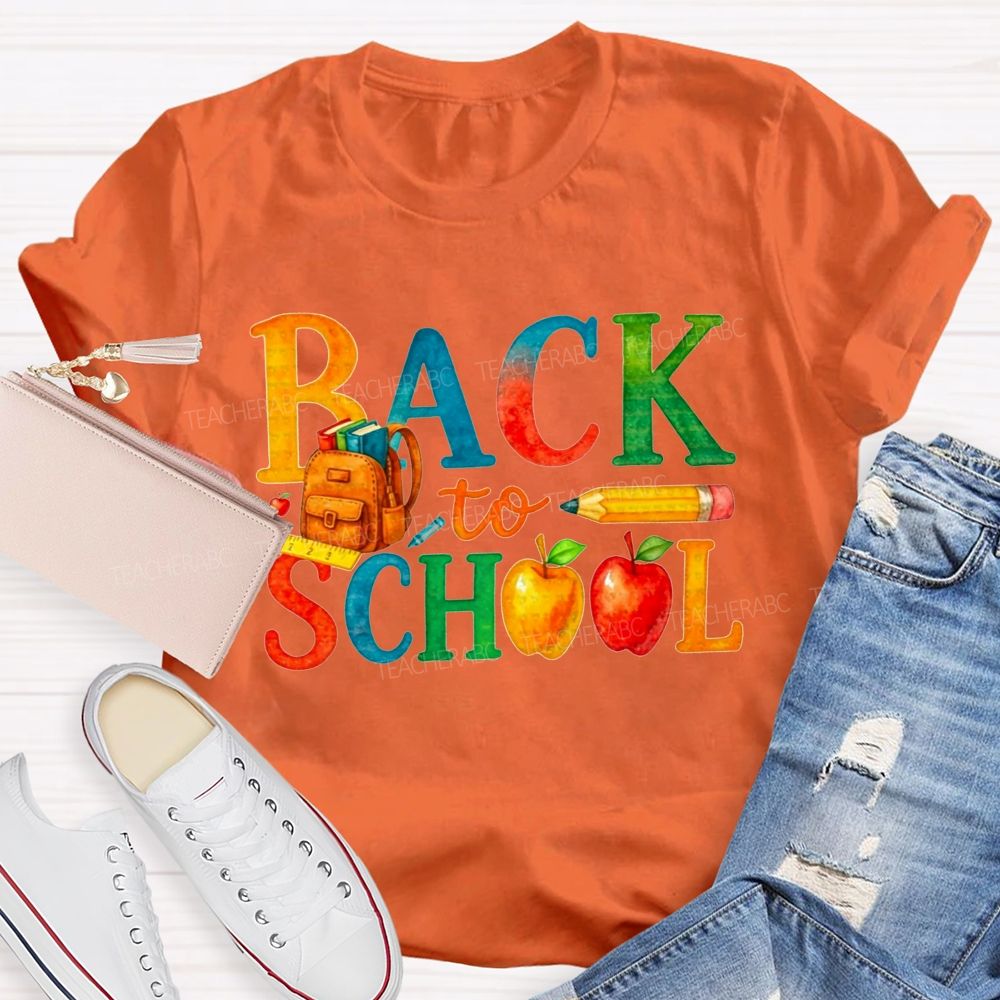 Watercolor Rainbow Back To School Backpack Apple Pencil Ruler Teacher T-shirt