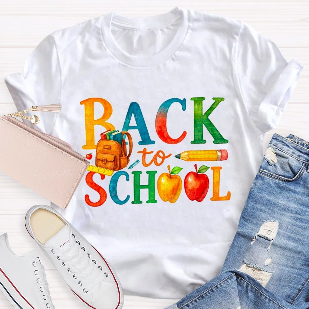 Watercolor Rainbow Back To School Backpack Apple Pencil Ruler Teacher T-shirt
