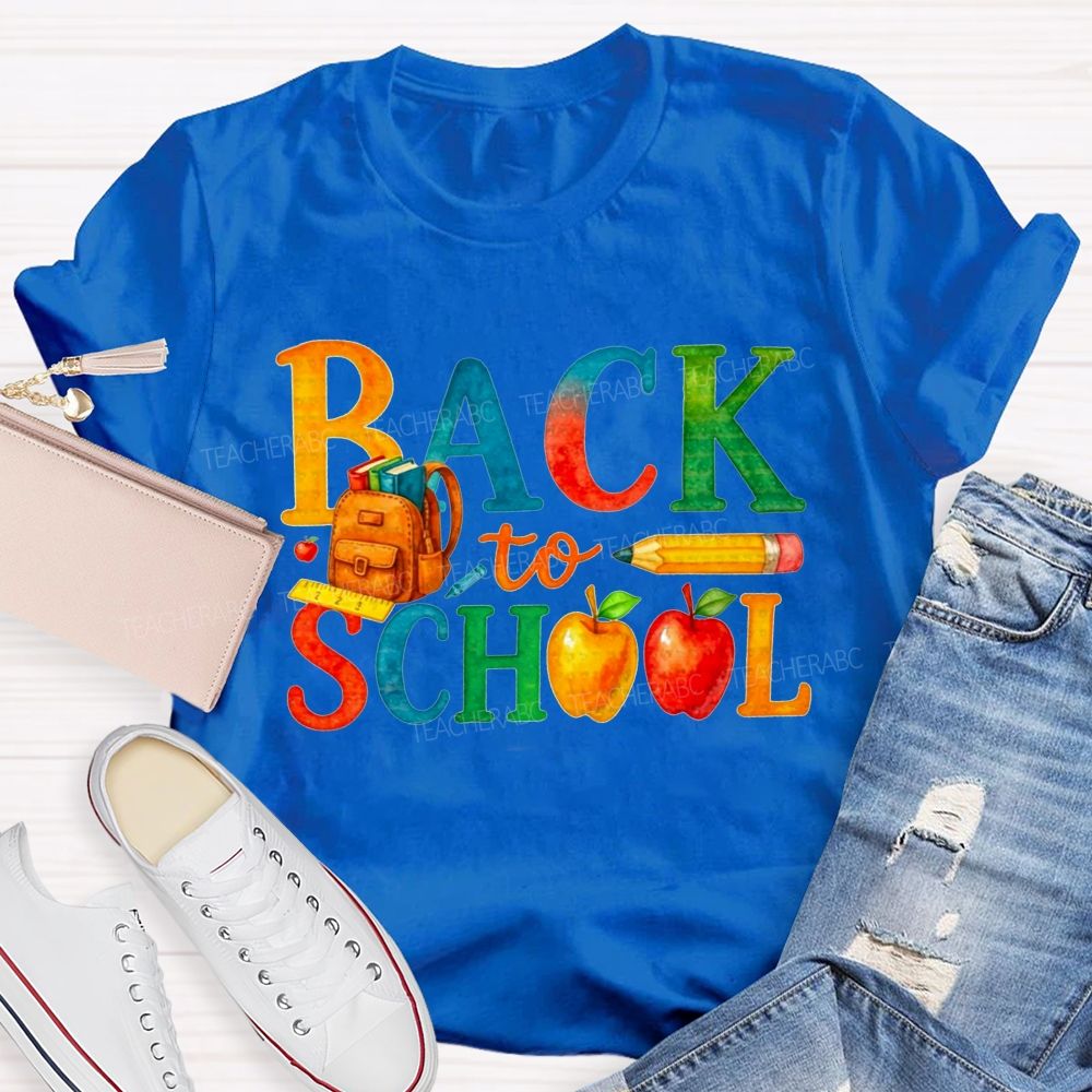 Watercolor Rainbow Back To School Backpack Apple Pencil Ruler Teacher T-shirt