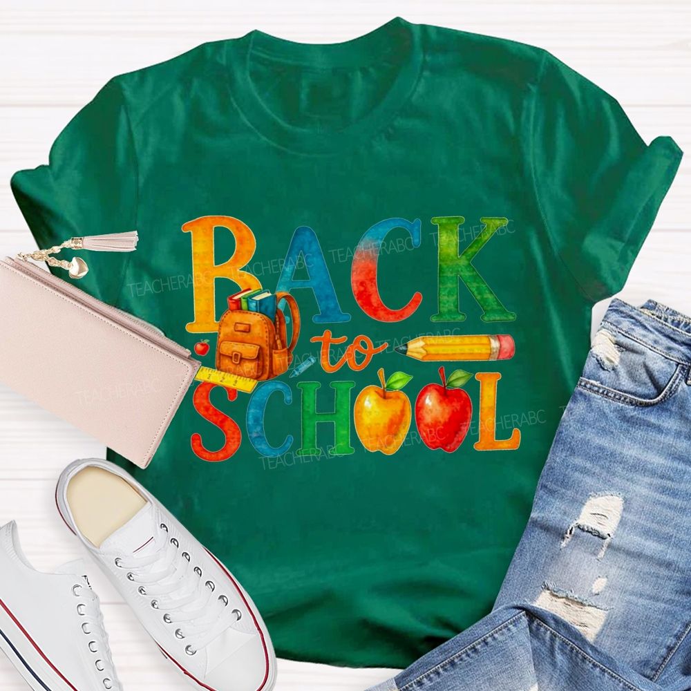 Watercolor Rainbow Back To School Backpack Apple Pencil Ruler Teacher T-shirt