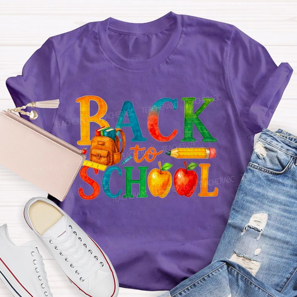 Watercolor Rainbow Back To School Backpack Apple Pencil Ruler Teacher T-shirt