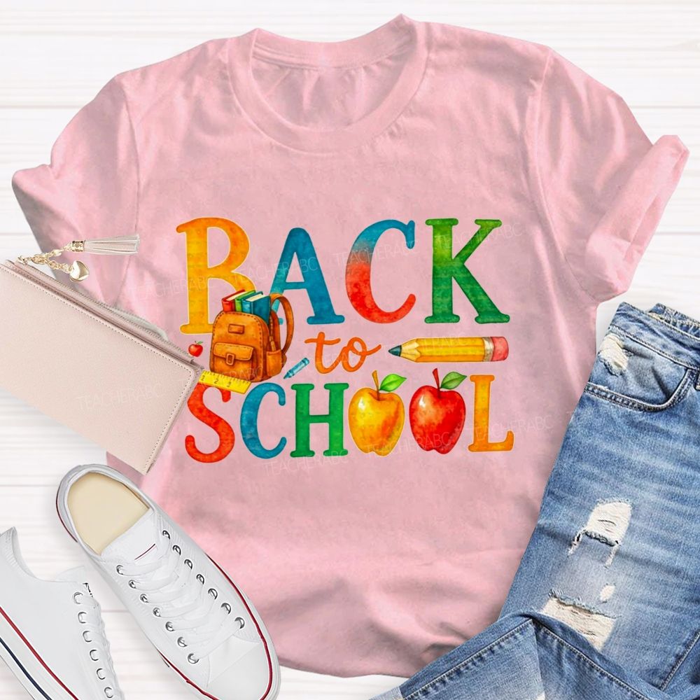 Watercolor Rainbow Back To School Backpack Apple Pencil Ruler Teacher T-shirt