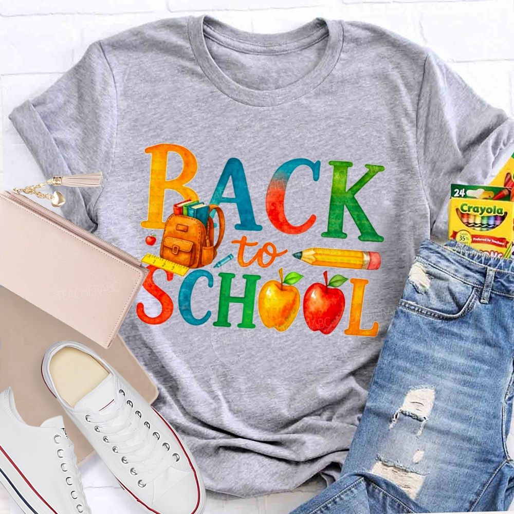 Watercolor Rainbow Back To School Backpack Apple Pencil Ruler Teacher T-shirt