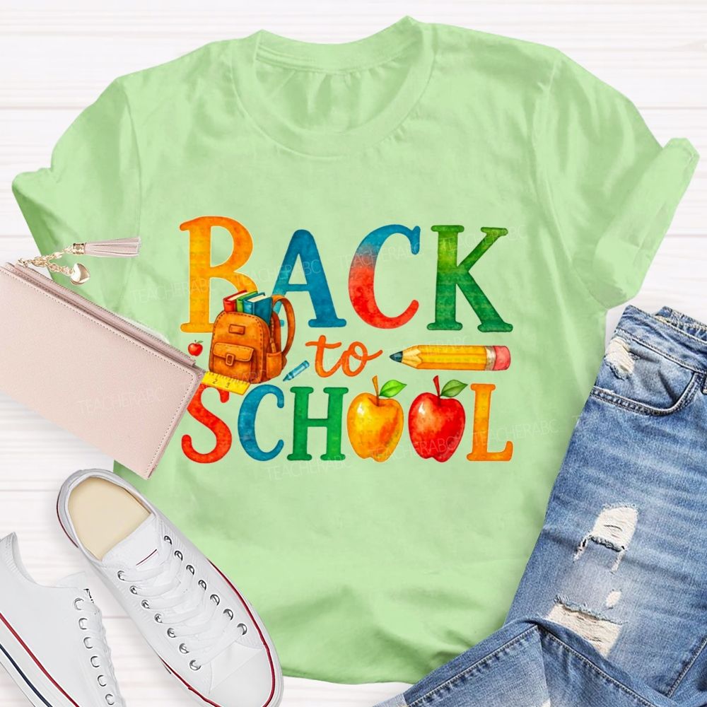 Watercolor Rainbow Back To School Backpack Apple Pencil Ruler Teacher T-shirt