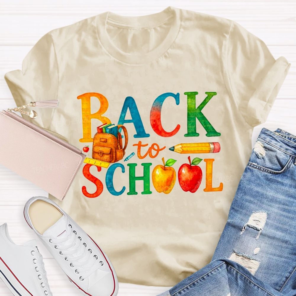 Watercolor Rainbow Back To School Backpack Apple Pencil Ruler Teacher T-shirt