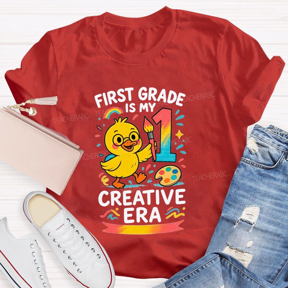 Personalized Grade First Grade Is My Creative Era Cute Yellow Duck Teacher T-shirt