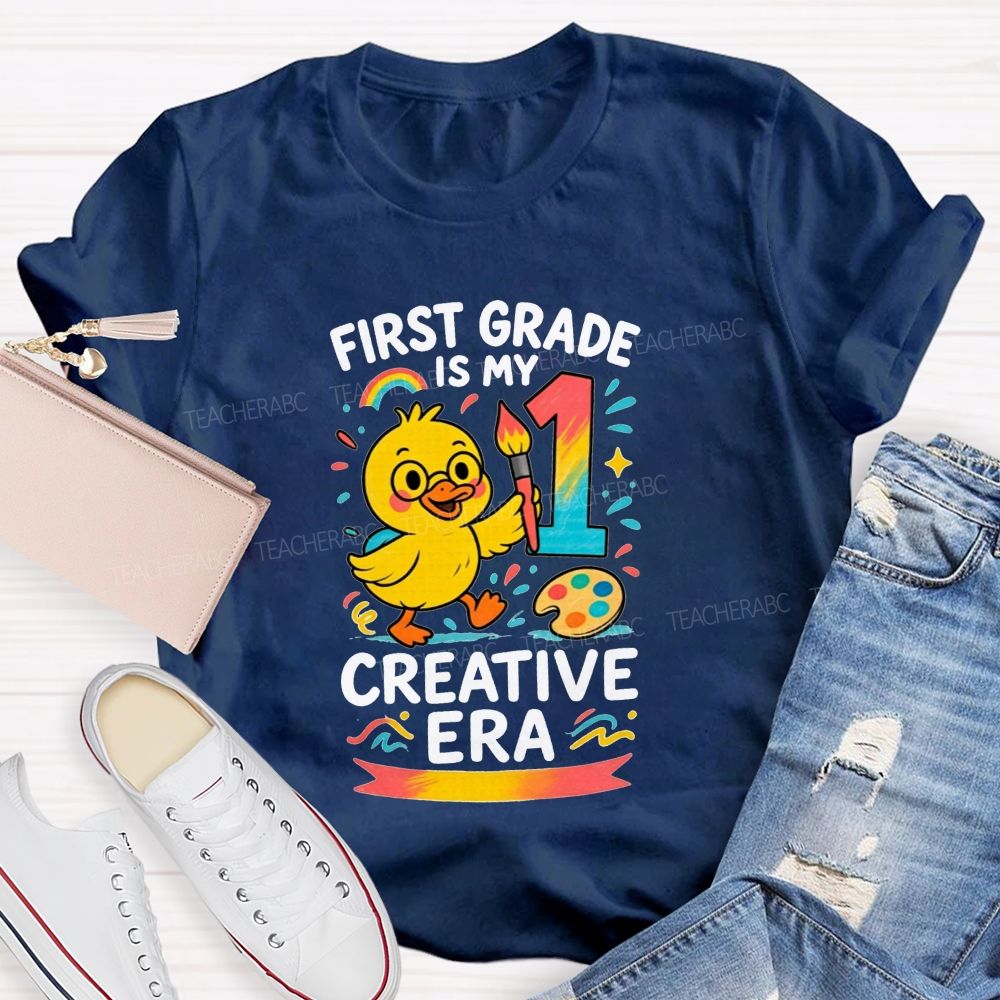 Personalized Grade First Grade Is My Creative Era Cute Yellow Duck Teacher T-shirt