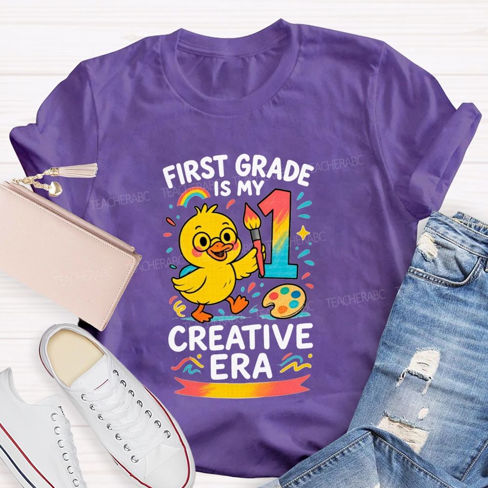 Personalized Grade First Grade Is My Creative Era Cute Yellow Duck Teacher T-shirt