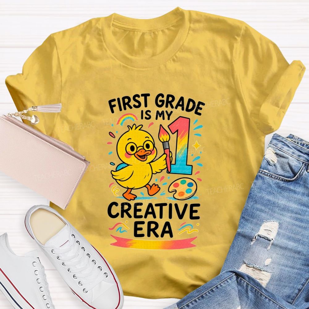 Personalized Grade First Grade Is My Creative Era Cute Yellow Duck Teacher T-shirt