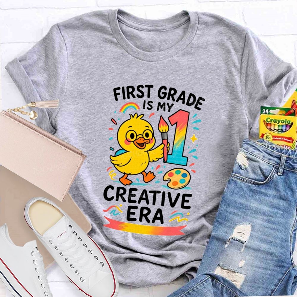 Personalized Grade First Grade Is My Creative Era Cute Yellow Duck Teacher T-shirt