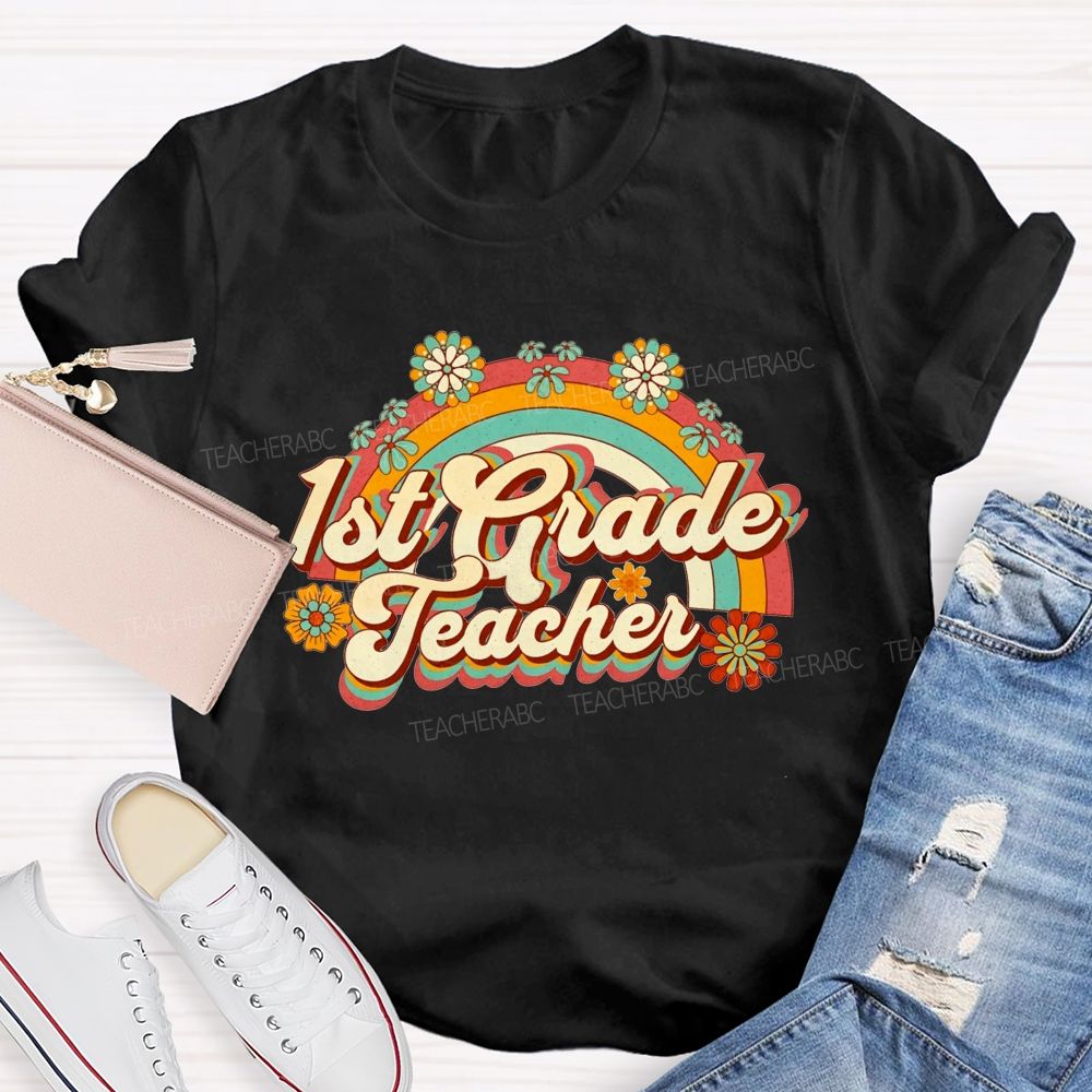 Personalized Grade Floral Rainbow 1st Grade Teacher T-shirt
