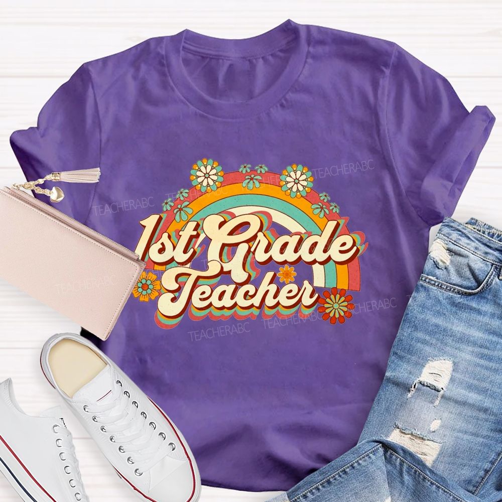 Personalized Grade Floral Rainbow 1st Grade Teacher T-shirt