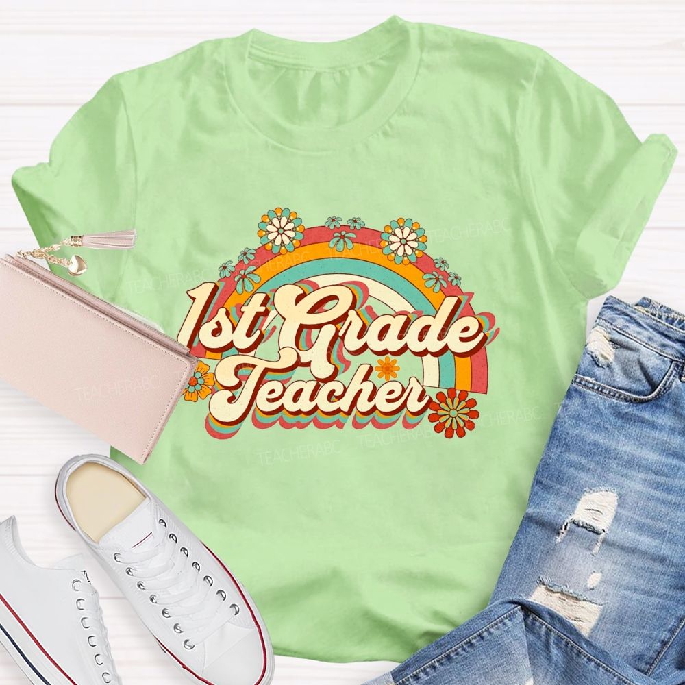 Personalized Grade Floral Rainbow 1st Grade Teacher T-shirt
