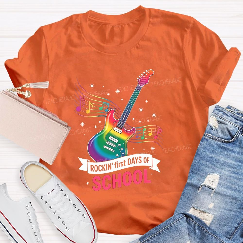 Rockin' First Days Of School Rainbow Electric Guitar Music Teacher T-shirt